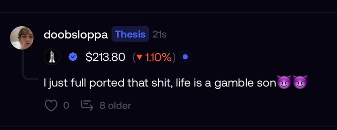 Screenshot of a social media post by user 'doobsloppa' showing a thesis (THS) stock price of $213.80, with caption 'I just full ported that shit, life is a gamble son'.