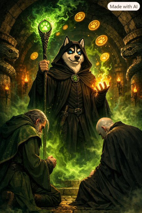 An AI-generated fantasy illustration labeled 'Made with AI,' depicting an anthropomorphic husky dog in a hooded robe holding a glowing green staff, standing above two kneeling robed figures in a dark, mystical chamber.