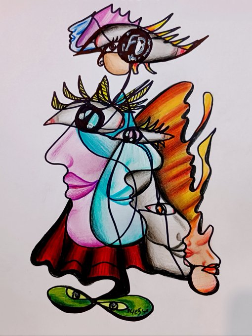 Abstract marker drawing composed of overlapping stylized profiles and eyes, utilizing bright watercolor-like washes of pink, orange, blue, and green.