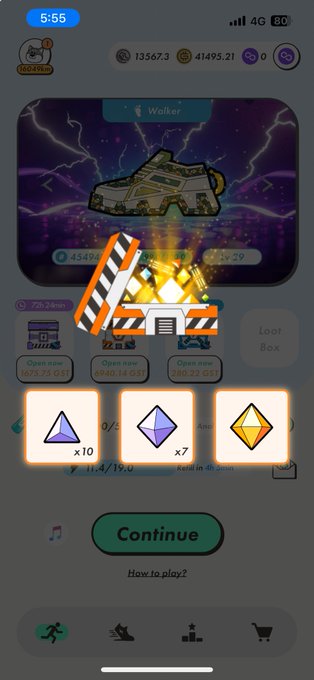 A mobile game interface showing a reward screen with a sneaker labeled 'Walker' and three gemstone options to choose from, with a 'Continue' button at the bottom.