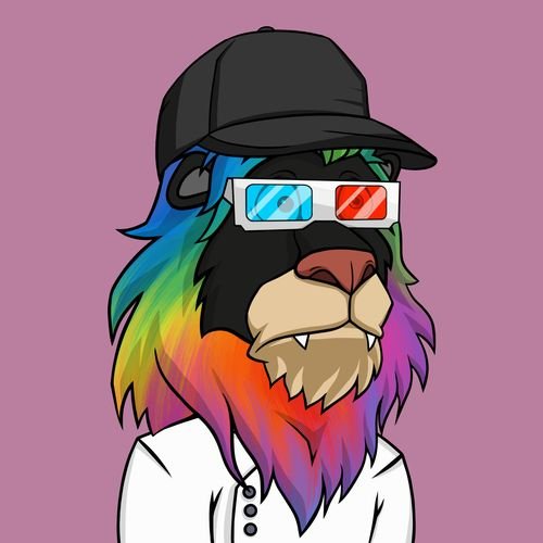 A cartoon illustration of a lion wearing a black baseball cap backwards and 3D glasses with red and blue lenses, featuring a vibrant rainbow-colored mane against a pink background.
