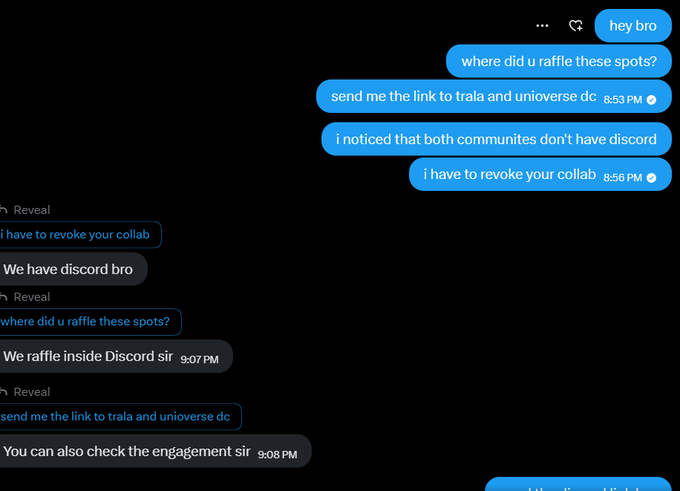 A Discord DM conversation between two users discussing collaboration requirements, where one user demands links to 'trala and unioverse dc' communities and threatens to revoke the collaboration at 8:53-8:56 PM.