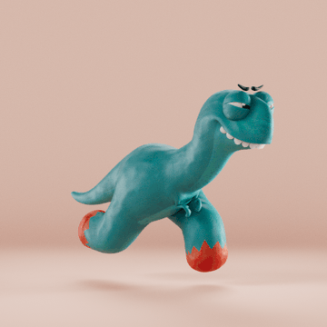 A small teal and red toy dinosaur figurine with an angry expression posed against a plain pink background.