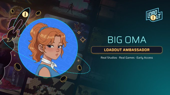 A promotional graphic for 'BIG OMA' as a Loadout Ambassador from Real Studios, featuring an anime-style character illustration.