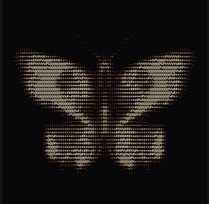 ASCII art depiction of an eagle or bird with spread wings, rendered in orange characters on a black background.