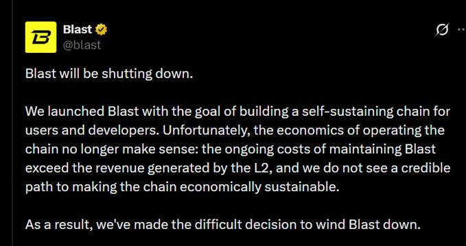 A screenshot of a tweet from the verified Blast (@blast) account announcing that the Blast L2 chain will be shutting down due to unsustainable economics, with costs exceeding revenue.