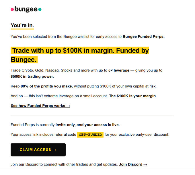 A Bungee invitation email offering early access to Bungee Funded Perps, highlighting trade with up to $100K in margin funded by Bungee, 5x leverage, and a referral code GET-FUNDED.
