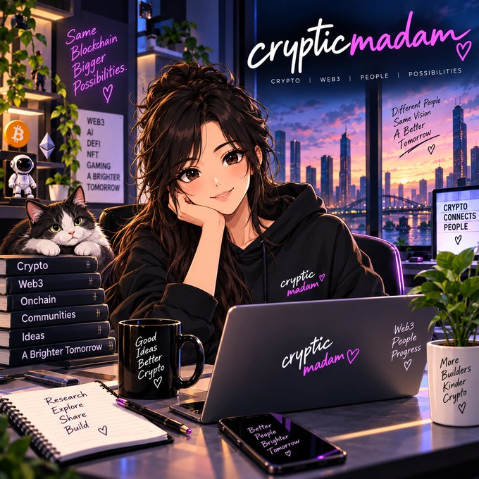 An anime-style illustration of a dark-haired woman in a hoodie working on a laptop, surrounded by crypto-themed items, books labeled 'Crypto, Web3, Onchain, Communities,' and the text 'crypticmadam' with the tagline 'CRYPTO | WEB3 | PEOPLE | POSSIBILITIES.'