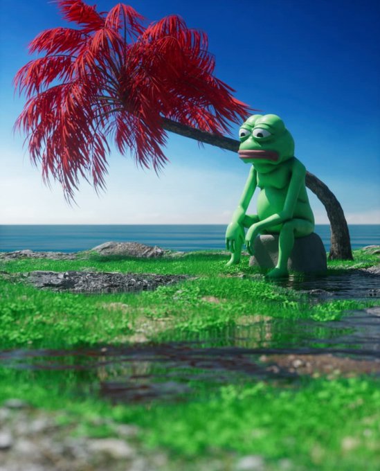 A 3D-rendered green Pepe-like frog sitting on a rock under a red-leaved palm tree by the ocean.