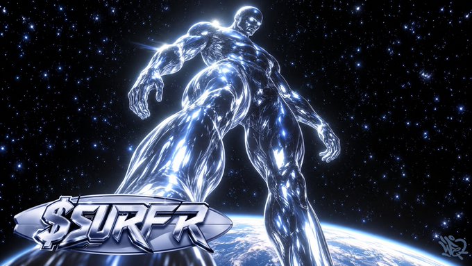 A digital artwork of a muscular, metallic silver humanoid figure standing above Earth with a starry space background, featuring the stylized text '$SURFR' in the lower left.