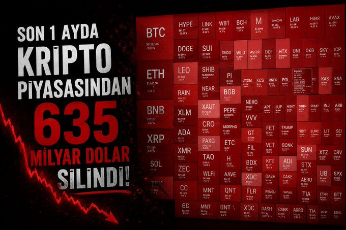 This image features a poster with a red background that displays white letters and numbers related to cryptocurrency prices. The title of the poster reads "Son 1AYD" at the top, followed by "KRIPTO 635 MILYAR DOLAR SILINDI." Below this, there are various lists of names and symbols for different cryptocurrencies displayed in a clear and organized manner. The text on the poster is written in both English and Turkish to cater to a broader audience. Overall, the poster provides valuable information about the crypto market while also showcasing the artist's talent through their drawings.