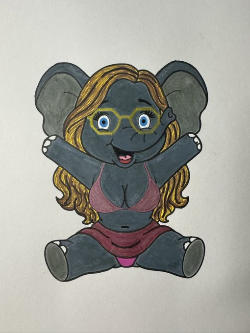 A hand-drawn illustration of an elephant character with a human-like face, blonde hair, glasses, a pink bikini top, and a maroon skirt, sitting with arms raised.