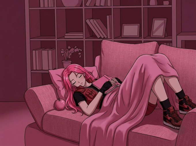 A digital illustration of a girl with pink hair sleeping on a pink couch while holding a book, draped in a pink blanket, with a pink apple beside her head.