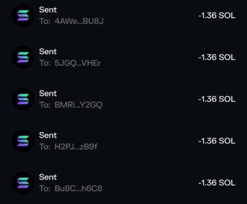 The image shows a list of five "Sent" Solana transactions, each with a destination address (4AWe...BU8J, 5GJQ...VHEr, BMRL...Y2QQ, H2PJ...zB9f, Bu8C...h6CB) and a deduction of -1.36 SOL, illustrating small crypto airdrops sent to multiple wallet recipients.