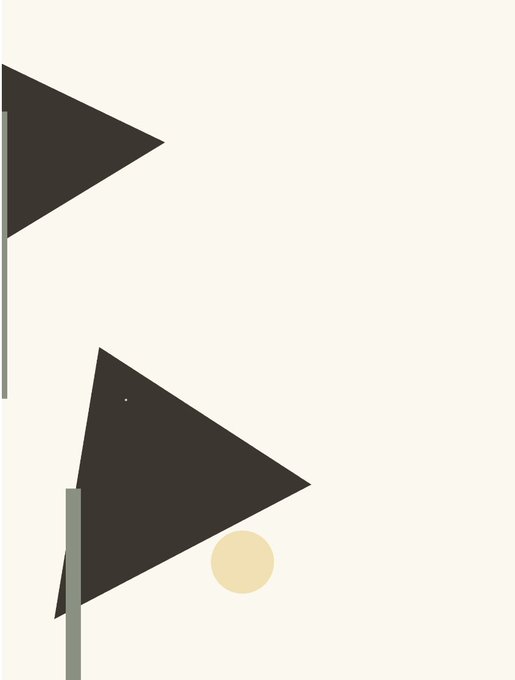 A minimalist geometric illustration features two dark gray triangular shapes on pale green flagpoles against a beige background, with a small yellow circle near the bottom triangle.