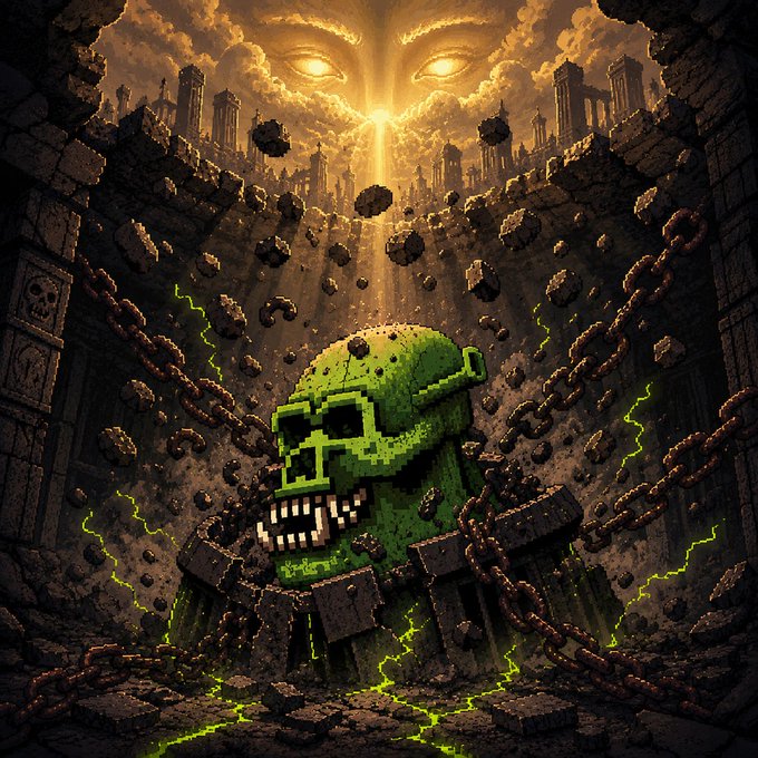 A dark, pixel-art style skull encased in stone and chains, with glowing green accents and a massive face with glowing eyes looming in the cloudy sky above a ruined city.