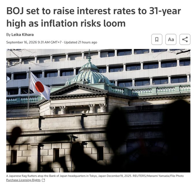 A news article headline reading 'BOJ set to raise interest rates to 31-year high as inflation risks loom' by Leika Kihara, dated September 16, 2026, with a photo of the Bank of Japan headquarters.