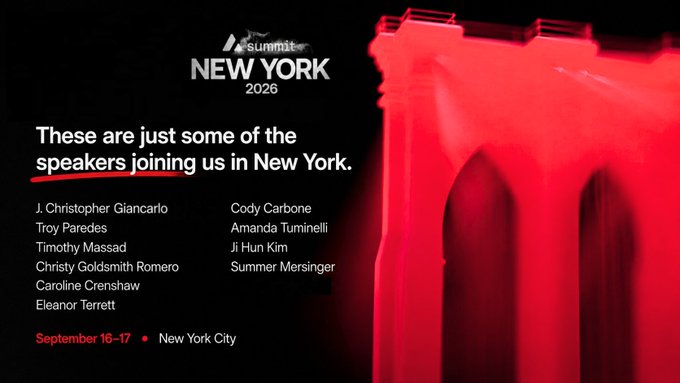A promotional graphic for 'Summit NEW YORK 2026' listing speakers including J. Christopher Giancarlo, Troy Paredes, Timothy Massad, Christy Goldsmith Romero, Caroline Crenshaw, Eleanor Terrett, Cody Carbone, Amanda Tuminelli, Ji Hun Kim, and Summer Mersinger, set for September 16-17 in New York City.