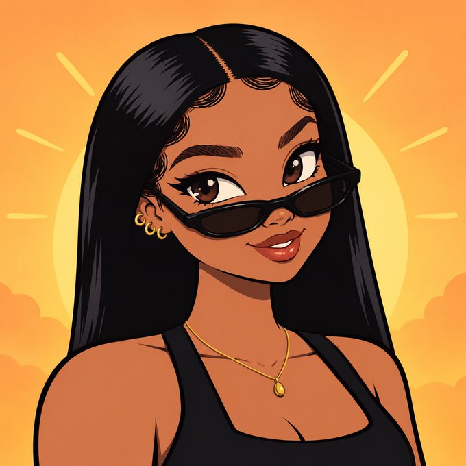 A stylized cartoon illustration of a woman with long black hair, wearing sunglasses, gold earrings, a gold pendant necklace, and a black top, set against a vibrant orange and yellow sunburst background.