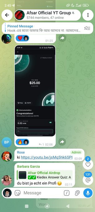 The image shows a Telegram chat from the "Afsar Official YT Group" where a user shares a screenshot displaying a Polyester Testnet top-up of $25.00 worth of $HYPE, along with earned rewards of 0.32 HYPE, serving as proof of participation in the project's testnet. Other community members like Rose and Barbara Garcia share YouTube links and quiz answers, reinforcing the post's claim of active community engagement and airdrop participation.