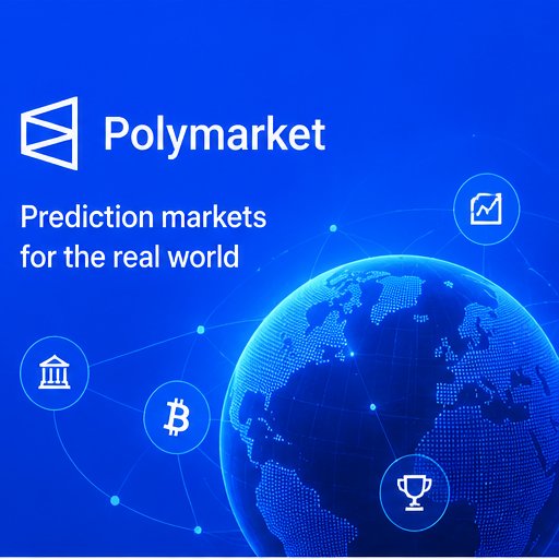 A promotional graphic for "Polymarket" reads "Prediction markets for the real world" on a blue background featuring a globe and various icons.