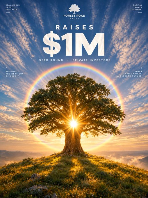 A promotional graphic for 'Forest Road Vault' announcing a $1M seed round from private investors, featuring a majestic tree with a rainbow halo and sunrise behind it on a grassy hill.