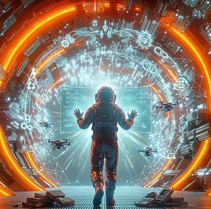 In this digital illustration, an astronaut wearing a space suit stands on a platform, with various flying objects including several drones surrounding him. The perspective of the image suggests that the viewer is looking through a doorway or tunnel into another world or dimension. This artwork seems to focus on themes related to technology and exploration, as it features elements such as artificial intelligence agents, futuristic transportation devices like airplanes and spaceships, and a space theme.