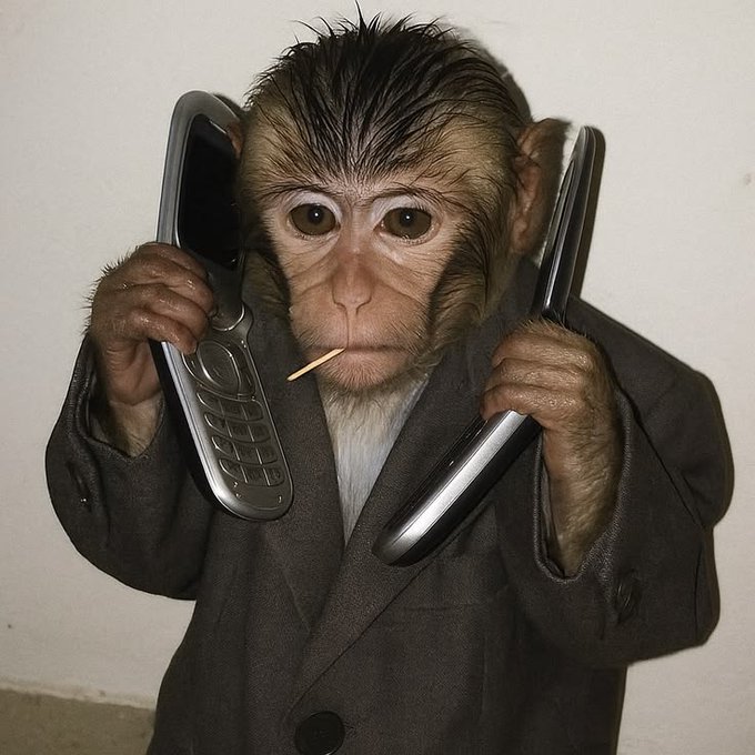 A photo of a small monkey wearing a gray suit jacket, holding two old silver flip phones to its ears and what appears to be a toothpick in its mouth.