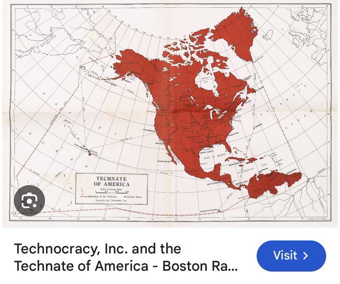 A map titled "Technate of America" shows North America shaded in red, depicting the proposed continental resource boundary promoted by Technocracy, Inc. The caption "One step closer today…" suggests recent progress toward realizing this technocratic vision for North American governance.
