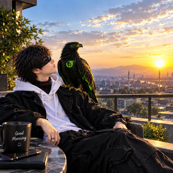 A person with dark hair and sunglasses sits on a rooftop at sunset with a black raven perched on their shoulder, a "Good Morning" mug resting on the table beside them—visually echoing the post's "Good Morning CT" greeting while symbolizing the "Ravenhood" brand, with the $RVH token and Flock Credit expansion mentioned in the caption representing the project's growing DeFi ecosystem.