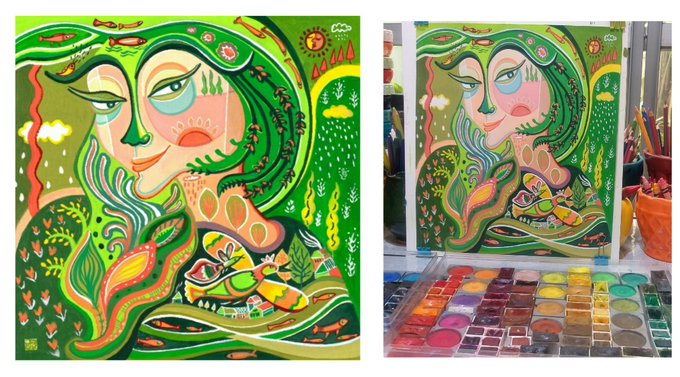 Two colorful illustrations featuring a stylized face with green flowing hair surrounded by nature elements; one shows a watercolor palette beside the artwork.