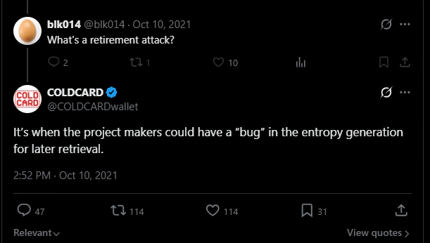 The image shows a Twitter exchange where user @blk014 asks "What's a retirement attack?" and verified account @COLDCARDwallet (Coldcard Bitcoin wallet) replies, "It's when the project makers could have a 'bug' in the entropy generation for later retrieval," highlighting a cybersecurity concern related to Bitcoin hardware wallets.