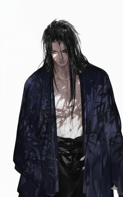 An anime-style illustration of a young man with long black hair wearing an open dark blue robe with bamboo patterns over his bare chest and a black hakama.