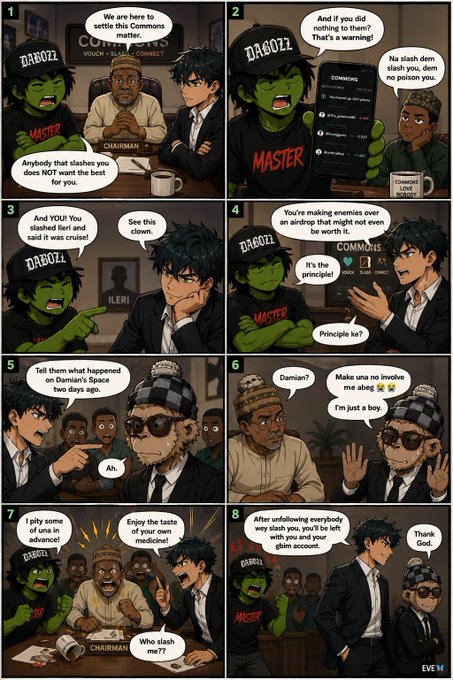 The image is an 8-panel comic featuring characters labeled "Chairman," "Dabozzi," "Master," and "ILERI" discussing the Daman Games, where they reference Damon slashing "dem," crypto slang for slashing validator misbehavior. The post's caption "It's just a slash bro" humorously fits the comic's punchline in panel 7, where the characters demand answers about who "slashed" the chairman's funds, echoing typical crypto Twitter blame-shifting memes.