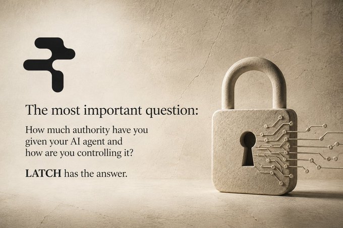 An advertisement for LATCH featuring a stone padlock with circuit board patterns, posing the question: 'The most important question: How much authority have you given your AI agent and how are you controlling it?'