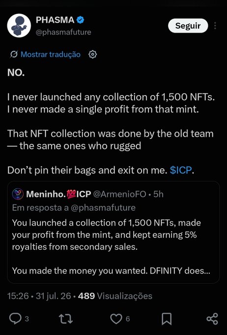 A Twitter/X post by PHASMA (@phasmafuture) denying launching any collection of 1,500 NFTs, responding to a quoted tweet from Meninho (@ArmenioFO) discussing the ICP token.