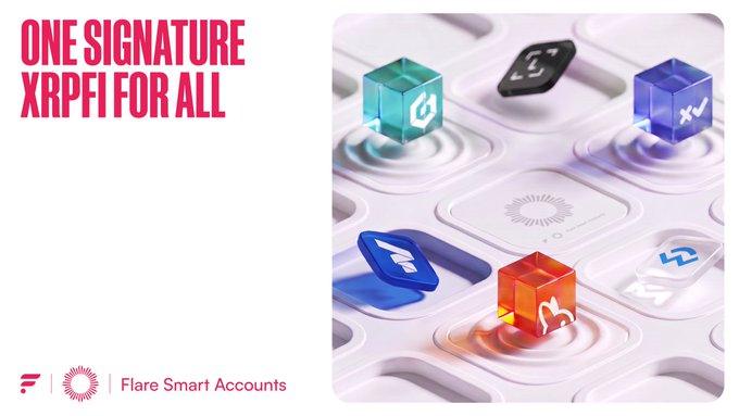 A promotional graphic titled 'ONE SIGNATURE XRPFI FOR ALL' featuring colorful 3D cube icons representing different tokens on a wavy white surface, with the 'Flare Smart Accounts' logo at the bottom.