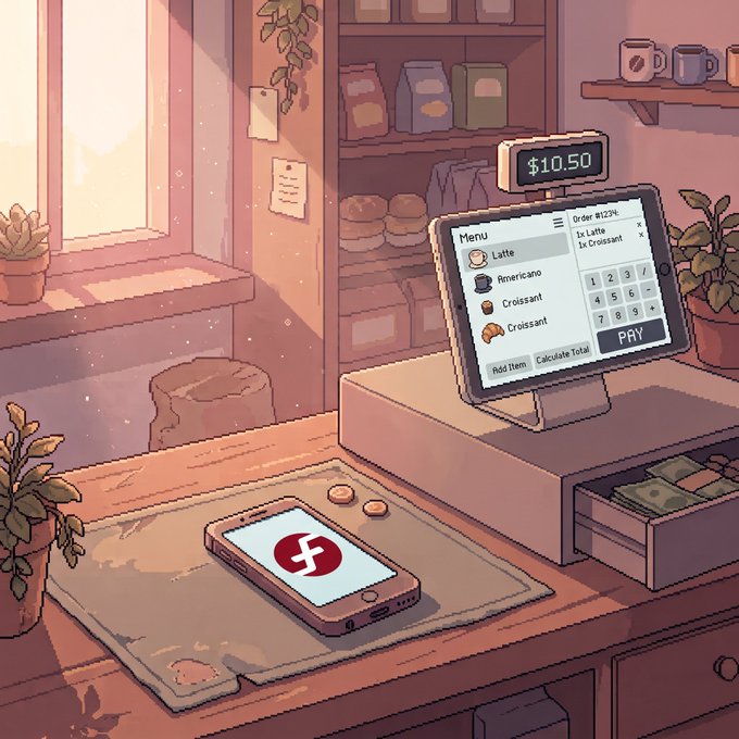 A pixel-art illustration of a cozy café counter features a smartphone with a red logo, a cash register displaying '$10.50' and a menu with options like Latte and Croissant, and a 'PRAY' button.