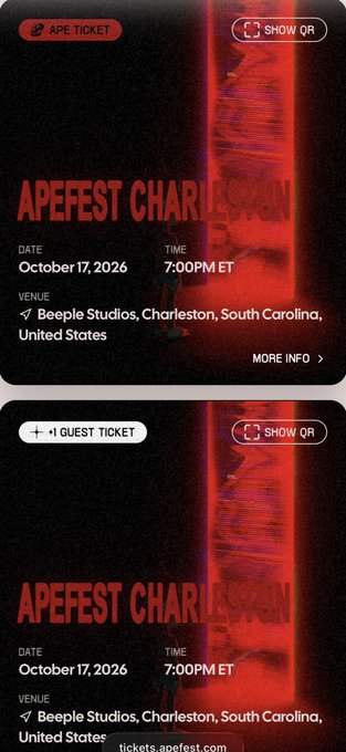 Mobile ticket interface for APEFEST Charleston showing event details for October 17, 2026 at 7:00 PM ET at Beeple Studios, Charleston, South Carolina.