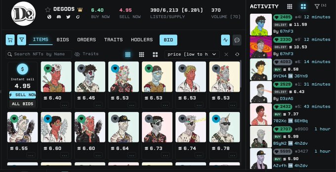 A screenshot of the 'DEGODS' NFT marketplace showing various digital art collectibles listed with buy now prices in ETH and a recent activity feed on the right.
