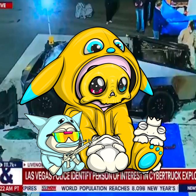An anime-style cartoon of a large yellow Pikachu in a bunny costume with big teary eyes, surrounded by smaller characters including a cat with a gun and a crowned creature, overlaid on a news broadcast screenshot showing a Cybertruck scene with the ticker text "LAS VEGAS POLICE IDENTIFY PERSON OF INTEREST IN CYBERTRUCK EXPLOSION."