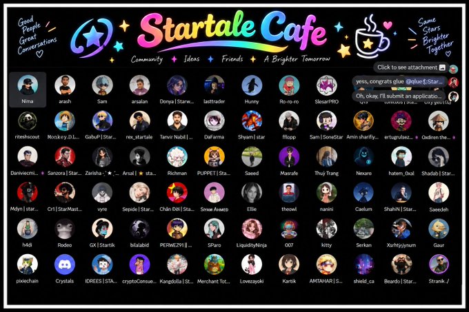 A screenshot of a Discord-like server called "Startale Cafe" featuring the tagline "Community ✦ Ideas ✦ Friends ✦ A Brighter Tomorrow," showing numerous user avatars in a grid layout with chat messages visible on the right.