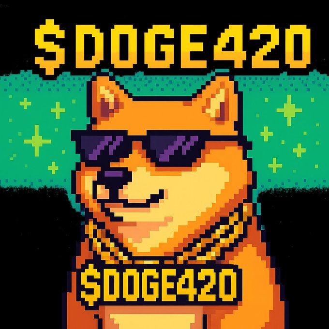 A pixel art image of an orange cat wearing purple sunglasses and a gold chain, with the text '$OOGE420' displayed at the top and bottom against a green starry background.