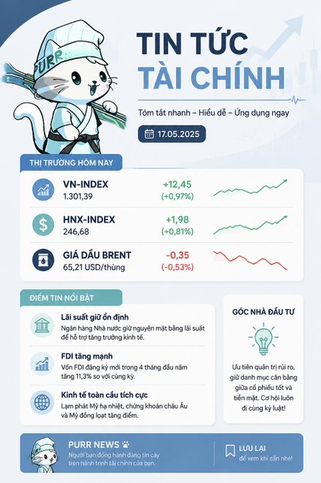 A Vietnamese financial news infographic titled 'TIN TỨC TÀI CHÍNH' featuring a cat mascot, dated 17.05.2025, with market data including VN-INDEX at 1,301.39 (+0.97%), HNX-INDEX at 246.68 (+0.81%), and Brent crude oil at 65.21 USD/barrel (-0.53%).