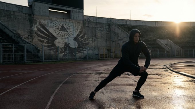 A man in dark athletic wear stretches on a wet running track, with a stadium wall featuring a winged eye mural in the background and the sun setting behind him.