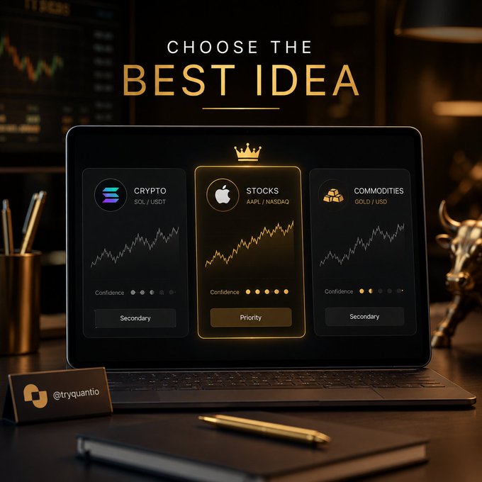 A laptop on a desk displays a trading interface under the heading 'CHOOSE THE BEST IDEA,' presenting three investment options: Crypto (SOL/USDT), Stocks (AAPL/NASDAQ) marked with a crown and 'Priority,' and Commodities (Gold/USD), with '@tryquantio' shown on a small stand.
