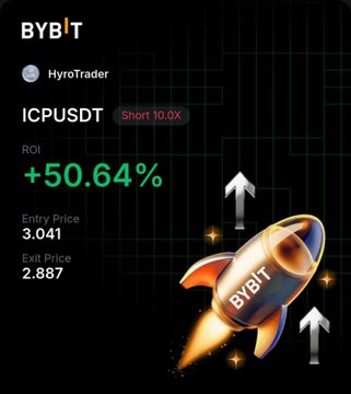 A Bybit promotional graphic showing a short position on ICPUSDT with an ROI of +50.64%, entry price 3.041 and exit price 2.887, featuring a rocket illustration.