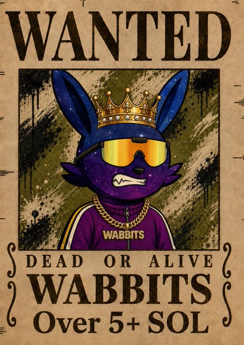 A vintage-style wanted poster features an anthropomorphic purple rabbit wearing a gold crown, orange sunglasses, a gold chain, and a jacket labeled 'WABBITS', with text reading 'WANTED DEAD OR ALIVE WABBITS Over 5+ SOL'.