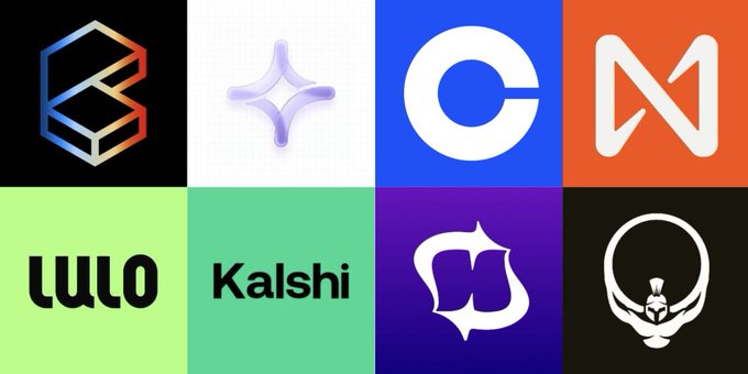 A grid displaying eight different company logos including "LULO," "Kalshi," and several other tech/crypto brands.