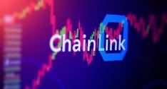 A blue hexagon logo with the word 'ChainLink' appears against a background of a colorful stock market trading chart.